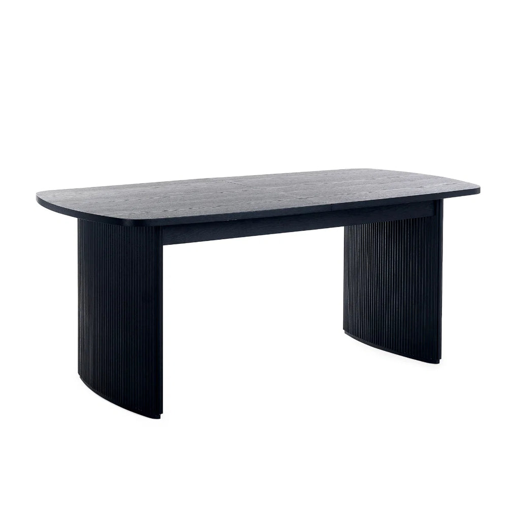 Black rectangular dining table on a white background