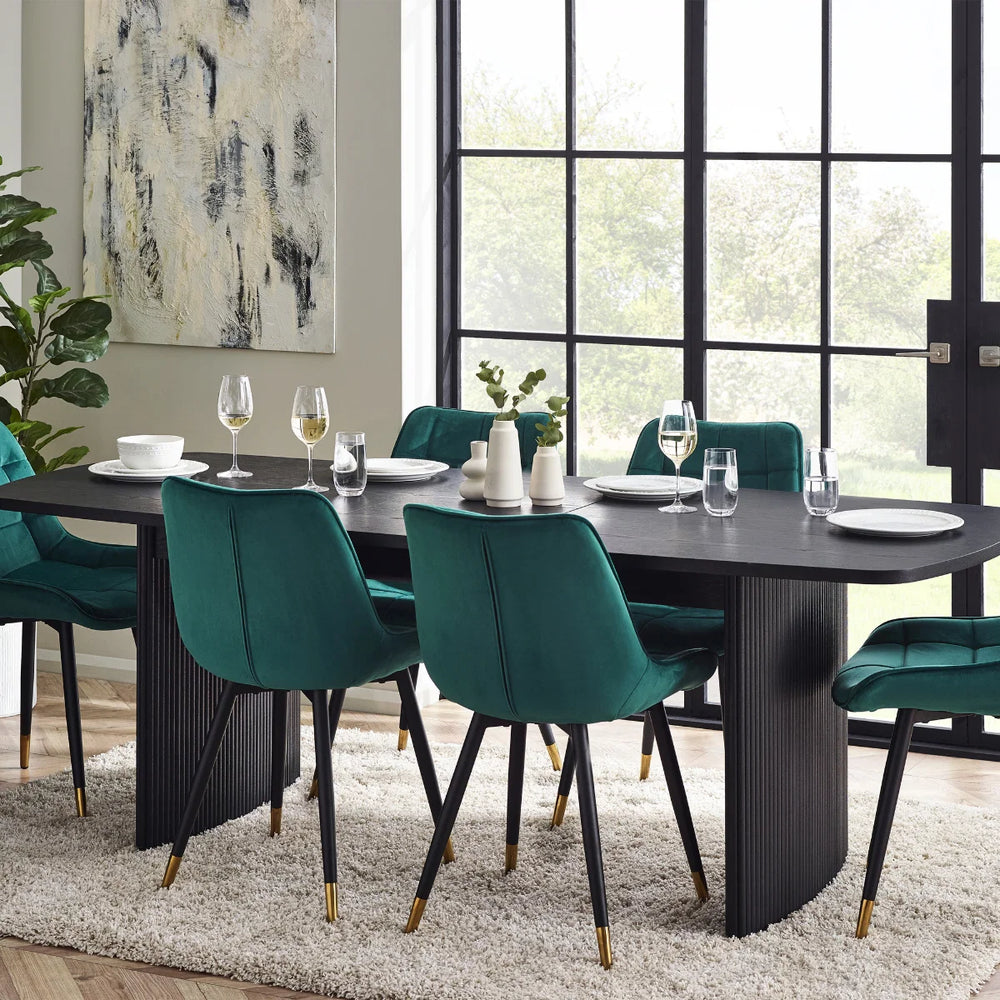 Black rectangular dining table on a white background