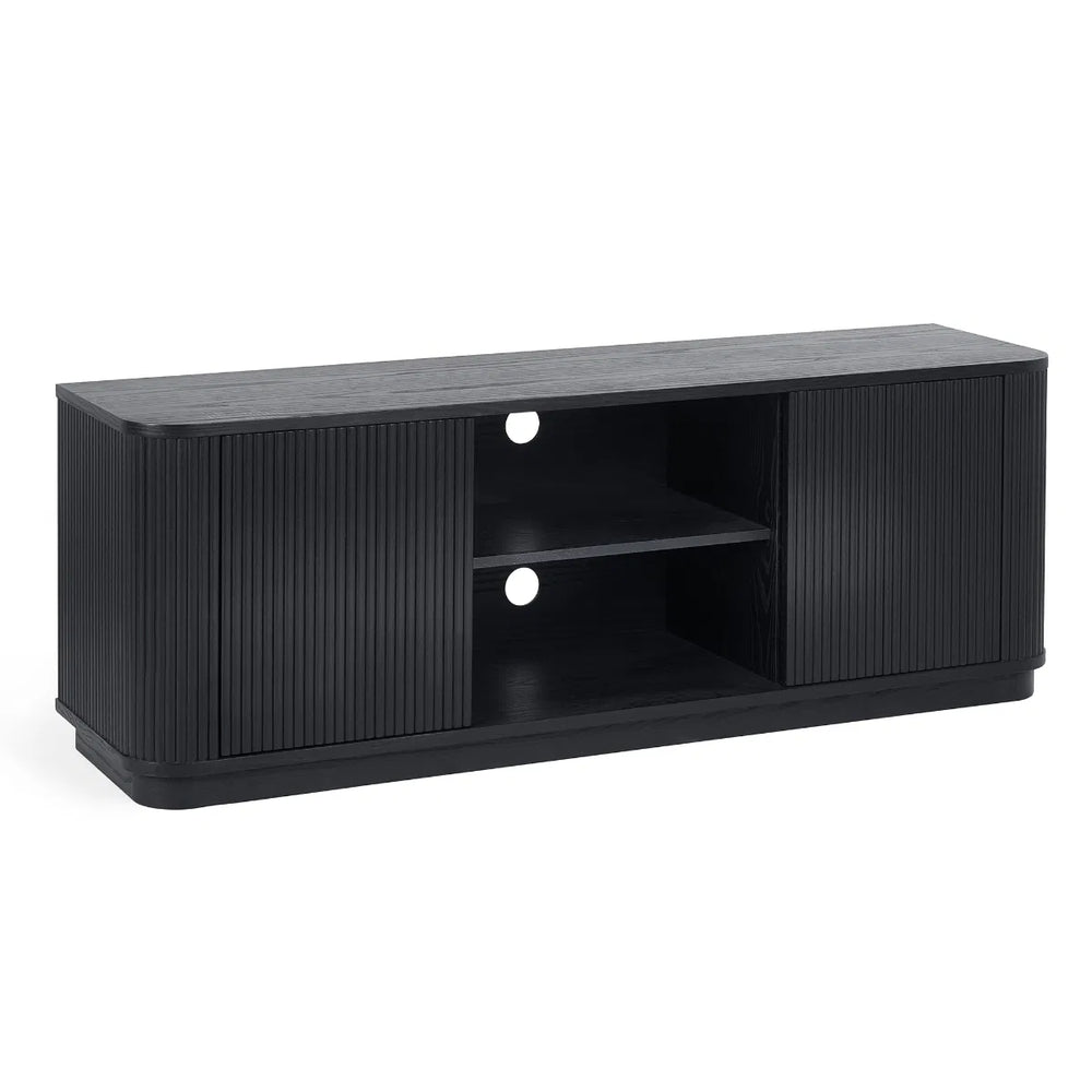 Black TV stand with a white background