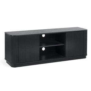 Black TV stand with a white background