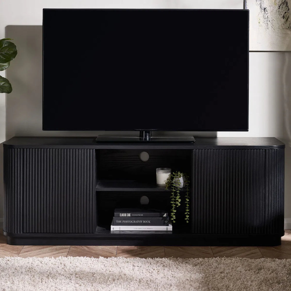 Black TV stand with a white background