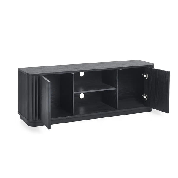 Lulu fluted TV cabinet with open doors on white background