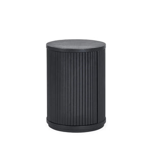 Black cylindrical side table on a white background