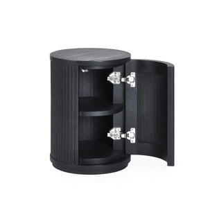 Black cylindrical storage unit with open door on a white background