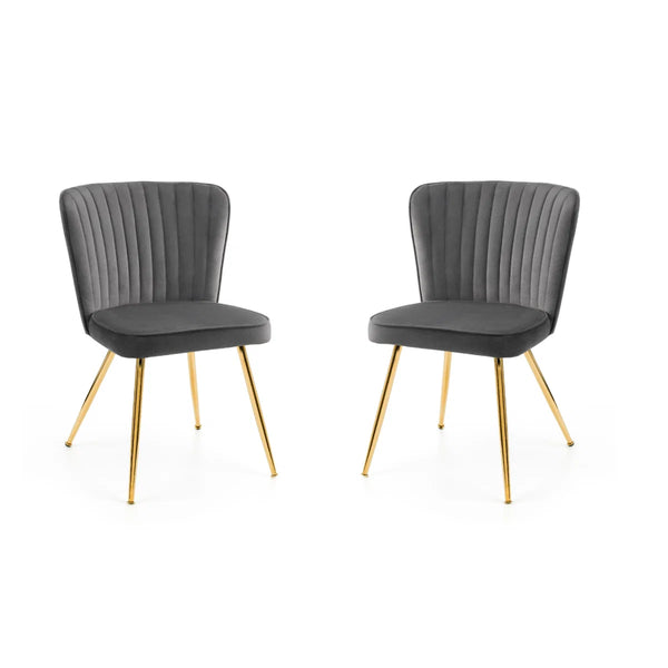 2 GREY DINING CHAIRS WITH GOLD METAL LEGS ON A WHITE BACKGROUND