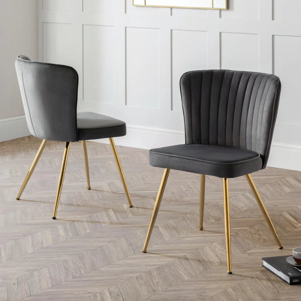 GREY MONZA DINING CHAIR - GOLD METAL LEGS ON A WOODEN FLOOR 