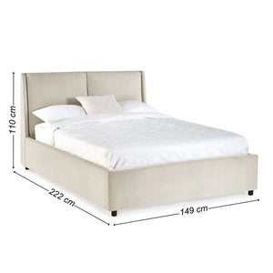 Beige upholstered bed with dimensions labeled on a white background