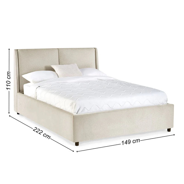 Beige upholstered bed with dimensions labeled on a white background