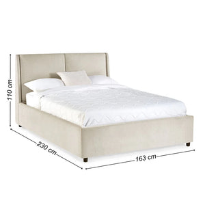 Beige upholstered bed with dimensions labeled on a white background