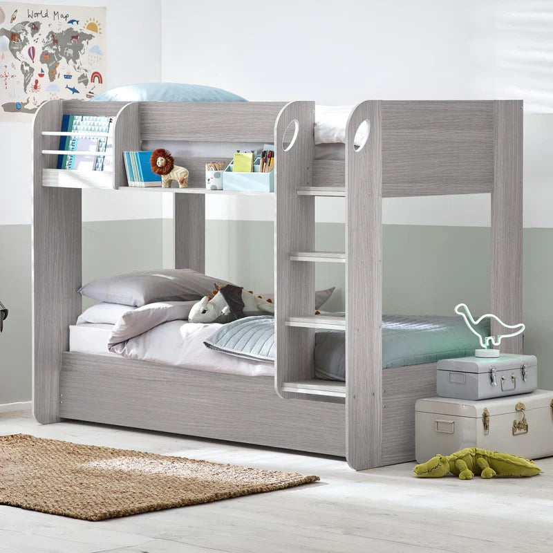 Gray wooden bunk bed with a white mattress on a white background