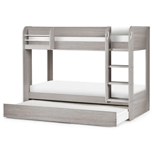 Gray wooden bunk bed with a white mattress on a white background