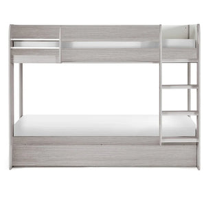 White wooden bunk bed with ladder on a white background