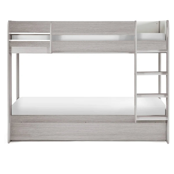 White wooden bunk bed with ladder on a white background