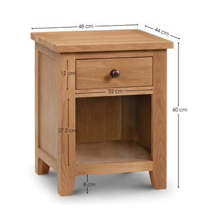 Wooden nightstand with dimensions labeled on a white background