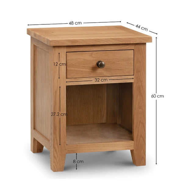 Wooden nightstand with dimensions labeled on a white background