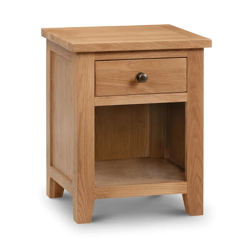 Wooden side table with a drawer on a white background