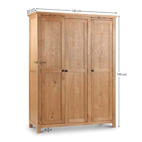 Wooden wardrobe with dimensions labeled on a white background