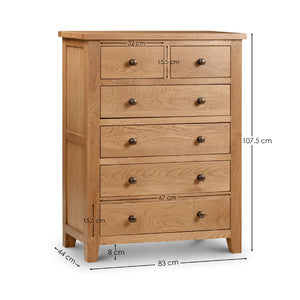 Wooden chest of drawers with dimensions on a white background