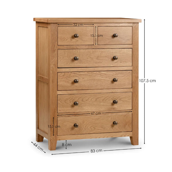 Wooden chest of drawers with dimensions on a white background