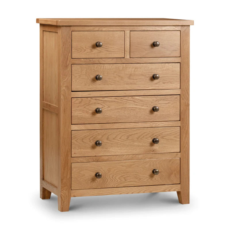 Wooden dresser with five drawers on a white background