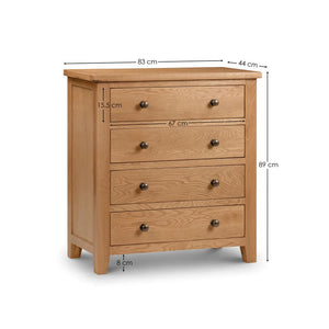 Wooden chest of drawers with dimensions labeled on a white background