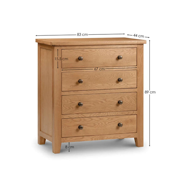 Wooden chest of drawers with dimensions labeled on a white background