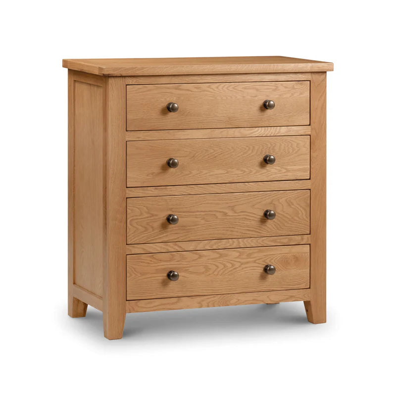 Wooden dresser with four drawers on a white background