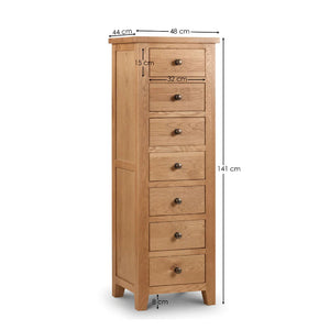 Wooden tall cabinet with dimensions on a white background