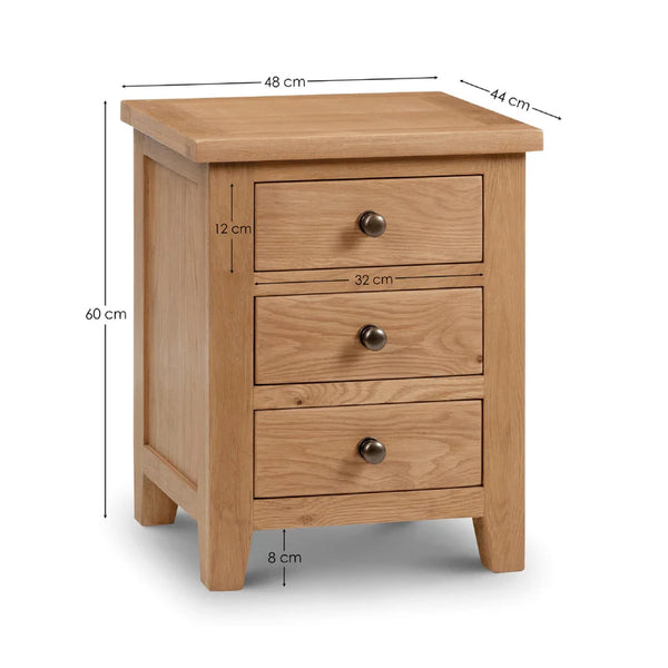 Wooden nightstand with three drawers and dimensions labeled on a white background