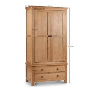 Wooden wardrobe with dimensions on a white background