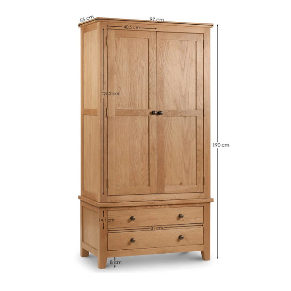 Wooden wardrobe with dimensions on a white background