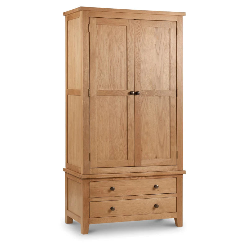 Wooden wardrobe with two doors and two drawers on a white background