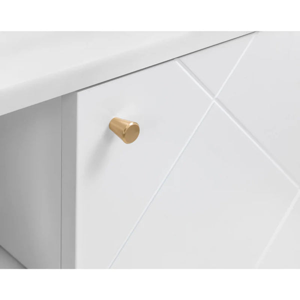 Close-up of a white cabinet with a gold handle on a white background