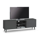 Black TV stand with a flat-screen TV on a white background