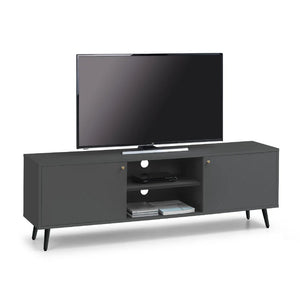 Black TV stand with a flat-screen TV on a white background
