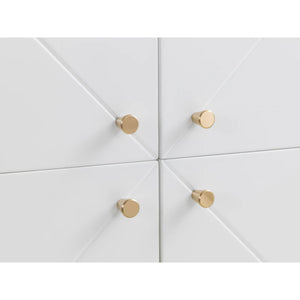 White cabinet with gold knobs on a white background