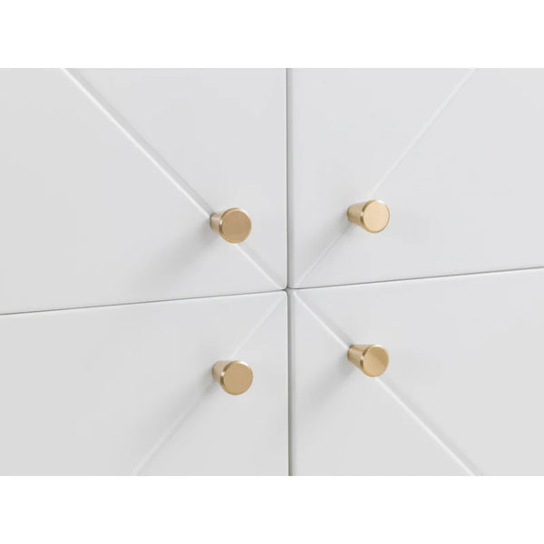 White cabinet with gold knobs on a white background