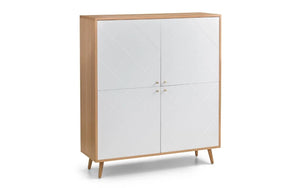 Wooden cabinet with white doors on a white background