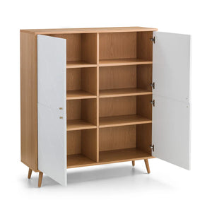 Wooden cabinet with white doors on a white background