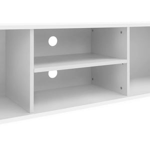 White corner shelf unit with two shelves on a white background