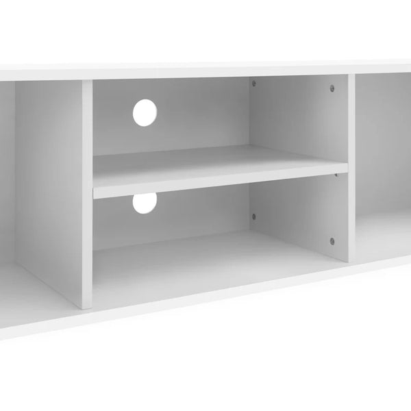 White corner shelf unit with two shelves on a white background