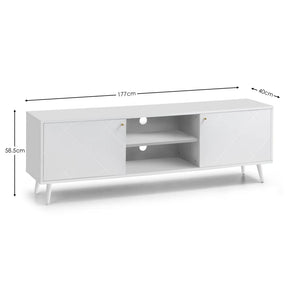 White TV stand with dimensions indicated on a white background