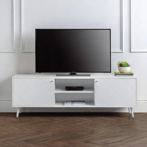 White TV stand with a black TV on top in a room with wooden flooring and white walls.