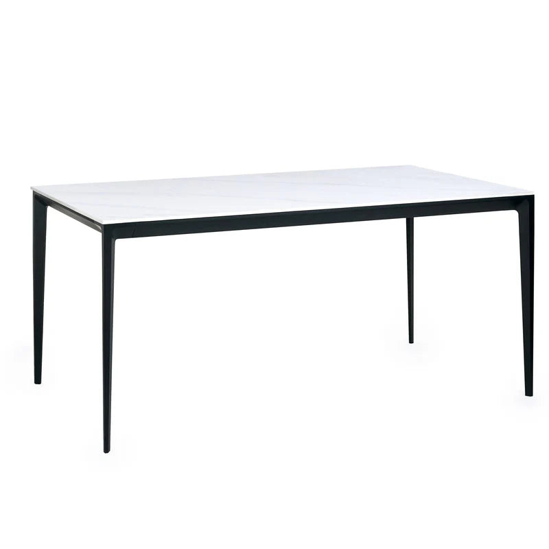 Rectangular table with white top and black legs on a white background