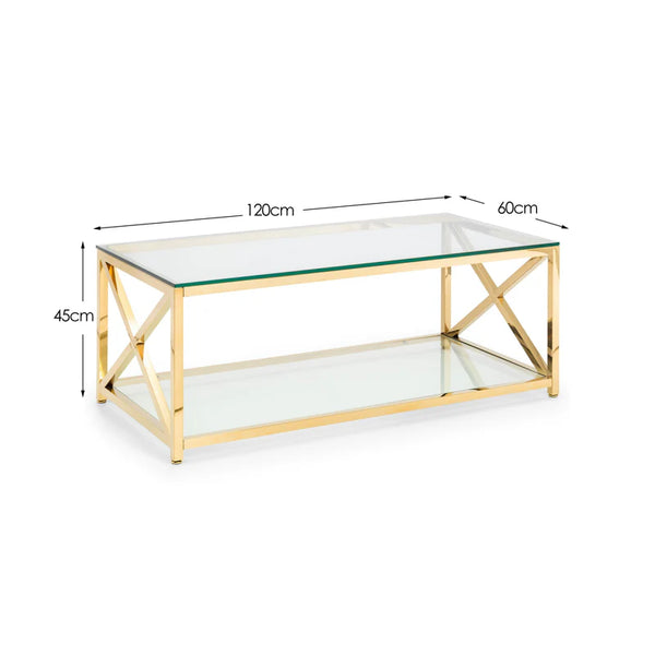 Gold coffee table with clear glass top and shelf, dimensions indicated.