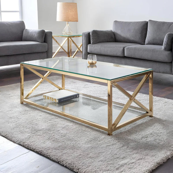 Living room with gray sofas and a gold coffee table