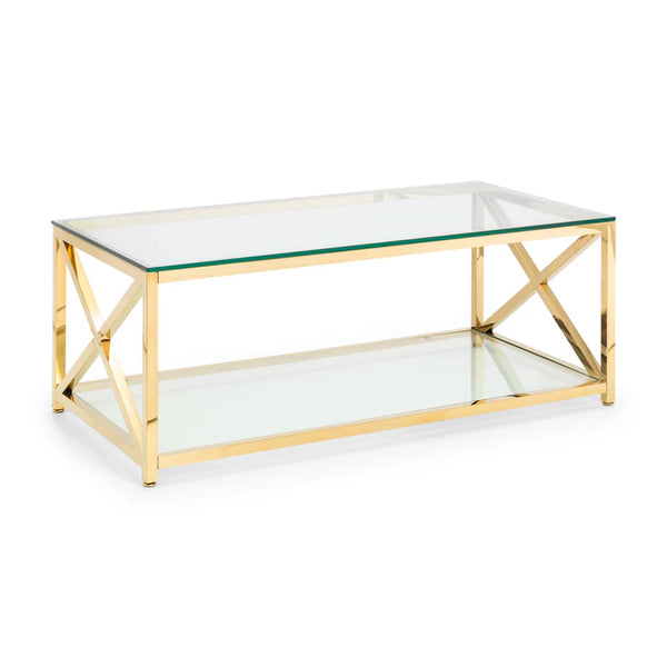 Glass coffee table with gold metal frame on a white background