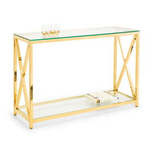 Gold-framed glass console table on a white background