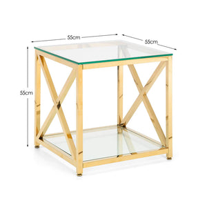 Gold side table with glass top and shelf, dimensions indicated