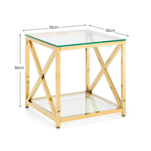 Gold side table with glass top and shelf, dimensions indicated